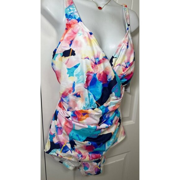 Maxine Shirred‎ Surplice One Piece Swimsuit Illusion Blossoms, Size 16 - Picture 5 of 14
